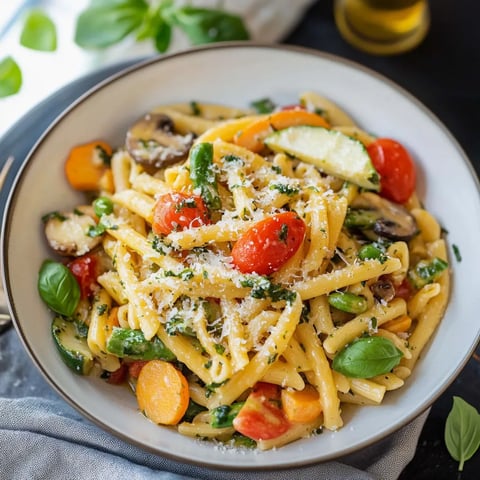 A plate of pasta with fresh veggies and herbs.