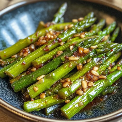 A delicious plate of sautéed asparagus with garnishes on top.