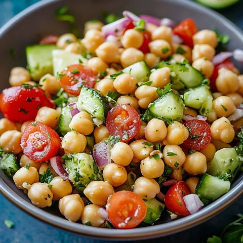 Bowl of chickpeas and fresh veggies.