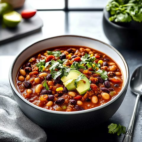 A bowl of chili with a spoon in it.