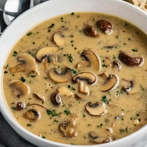 A cozy bowl of hot mushroom soup with herbs.