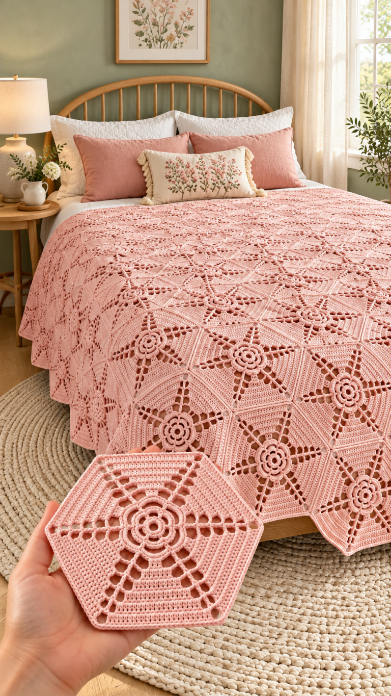 Dusty blush crochet bedspread with floral hexagon motifs on a bed, with a matching motif held in the foreground