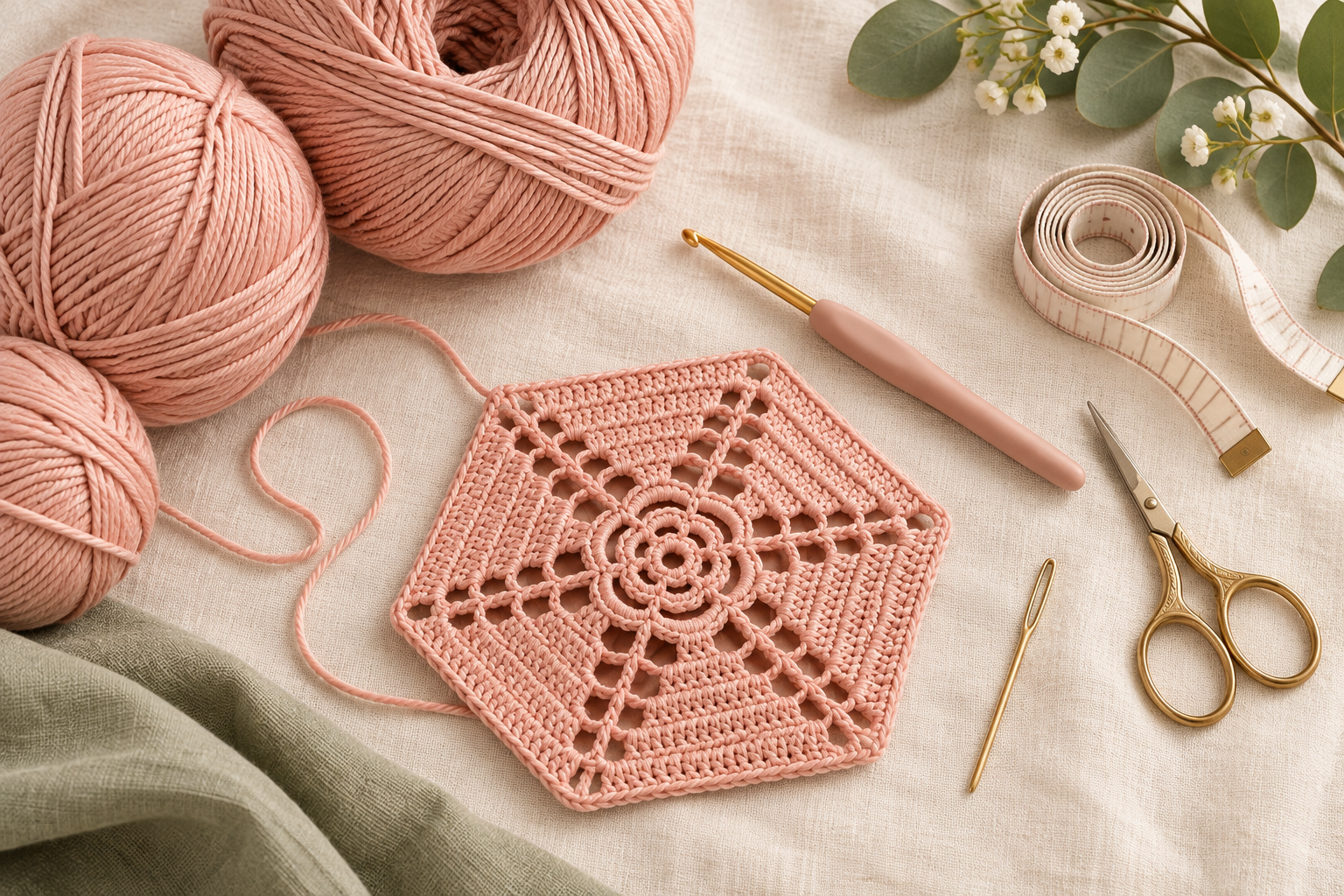 Dusty blush yarn, crochet hook, scissors, tapestry needle and measuring tape arranged beside an illustrative hexagon motif