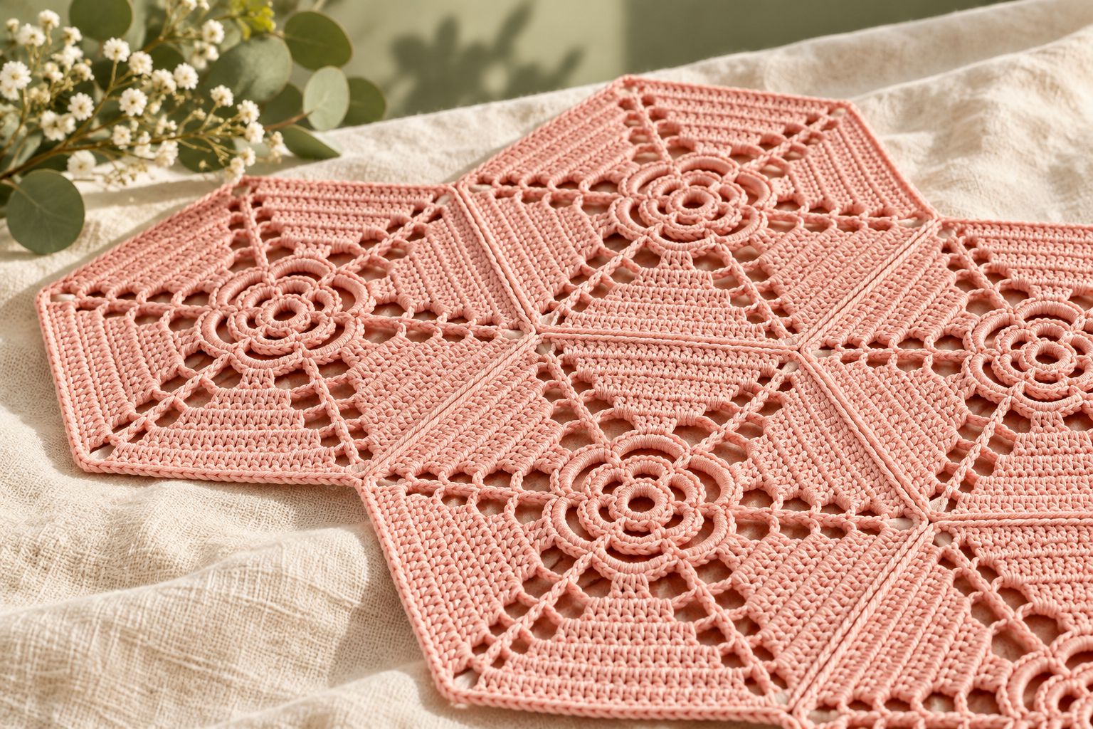 Illustrative dusty blush floral crochet hexagons joined together on cream linen, showing openwork texture and motif edges